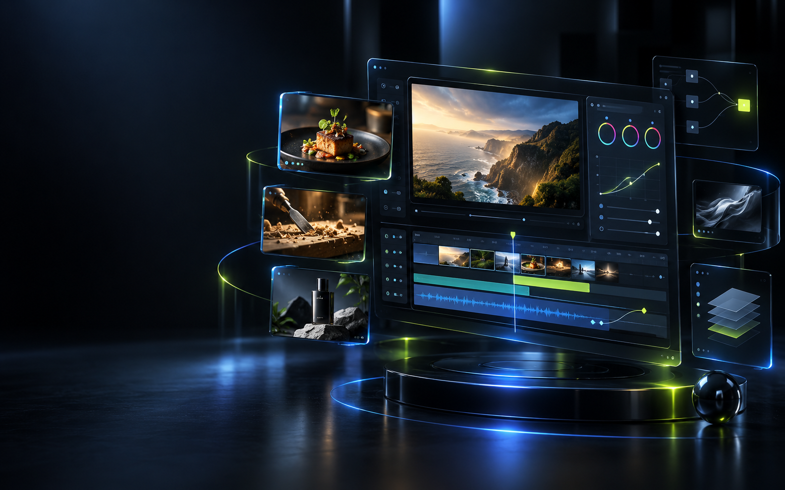 A cinematic AI video editing workspace showing business advertising scenes