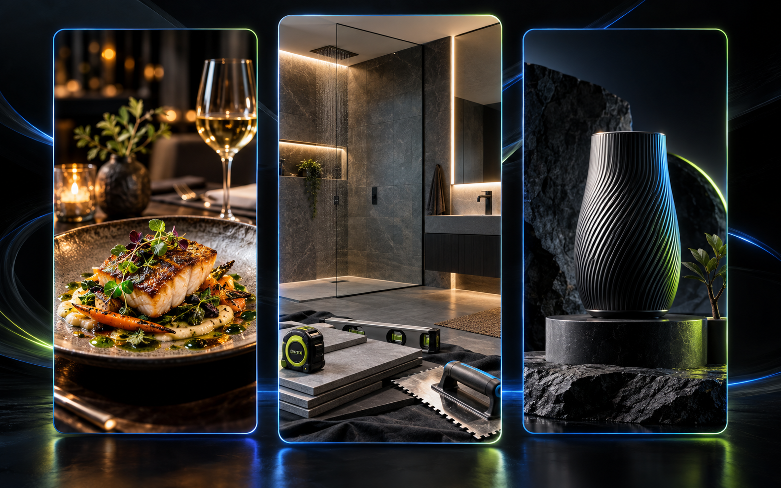 Three premium vertical video concepts for hospitality, trades and a product campaign